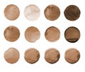 Set of brown, coffee color watercolor hand painted circle on white. Illustration for artistic design. Round stains, blobs