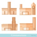 Set of brown colored flat funeral services buildings of crematorium different style