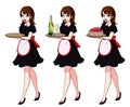 Set of brown haired waitresses holding champagne and cake, wearing black maid costume.