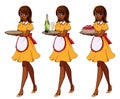 Set of brown haired waitresses holding champagne and cake, wearing yellow maid costume.