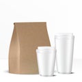 Set of brown paper bag and two disposable white gray caps with lid Royalty Free Stock Photo
