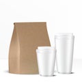 Set of brown paper bag and two disposable white gray caps with lid