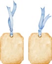 Set of brown paper price tags wih blue ribbons. Watercolor illustration.