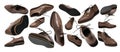 Set of brown patent leather shoes in different positions and angles isolated on white. Banner. Women`s fashion concept