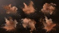 Set of brown powder clouds on transparent background. Modern illustration of cinnamon flavor explosion, coffee aroma Royalty Free Stock Photo