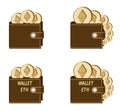 Set of brown wallets with ethereum coins