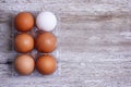 Set of brown and white eggs in clear plastic box on wooden table. Royalty Free Stock Photo
