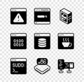Set Browser with exclamation mark, Search engine, Computer, Code terminal, Processor microcircuits CPU, monitor screen Royalty Free Stock Photo