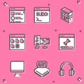 Set Browser files, Code terminal, Computer, monitor screen, Loading data window, and Processor icon. Vector Royalty Free Stock Photo