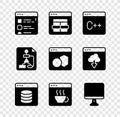 Set Browser files, MySQL code, Software, Server, Data, Web Hosting, Computer monitor screen, Flowchart and icon. Vector