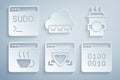 Set Browser with shield, Coffee cup to go, Software, Binary code, Web development and Code terminal icon. Vector Royalty Free Stock Photo