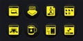 Set Browser with shield, files, Cup of tea tea bag, Software, Flowchart, Processor, Loading data window and icon. Vector