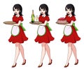 Set of brunette waitresses holding champagne and cake, wearing red maid costume.