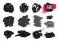 Set of brush strokes text boxes. Paintbrush grunge design elements. Dirty texture banners. Ink splatters. Painted objects. Vector Royalty Free Stock Photo