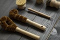 Set of brushes for eco-cleaning the home, washing dishes and surfaces without chemicals and plastic. Zero waste kitchen