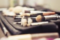 Set of brushes (make up application tools) laying on a table ran