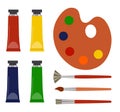 Set Of Brushes And Multicolored Tubes Of Paint. Artist Painting Tools. Flat Style Vector Illustration