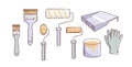 A set of brushes and rollers for painting. Cuvette for paints, gloves, a jar of enamel. Repair, building. Vector