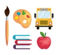 set of brushpaint with school bus and palette with book and apple