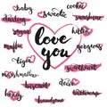 Set of brushpen lettering and calligraphy affectionate nicknames. Template for greeting card for Valentines Day.