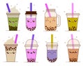 Set of bubble milk tea ads with delicious tapioca black pearls. Cute bubble tea kawaii smiled characters. Taiwanese Royalty Free Stock Photo