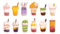 Set Of Bubble Tea. Collection Of Delicious And Refreshing Drinks That Includes Tapioca Pearls, Various Flavors Of Tea