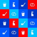 Set Bucket with rag, Spray bottle detergent liquid, Brush for cleaning and Washing dishes icon. Vector