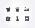 Bucket, Washing cloth and Spray icons. Cleaning service, Sponge and Washing machine signs.