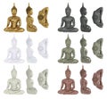 Set of Buddha figurines isolated on white background in materials of gold, marble, stone, granite, ceramics. Buddha in lotus posit