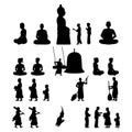 set of Buddha monk and Buddhism activities with black silhouette