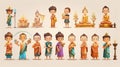 set of Buddha Purnima cartoon characters and design elements. Buddhists give gifts of cash and volunteer