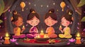 set of Buddha Purnima cartoon characters and design elements such as Girls make offerings of candles, flowers and