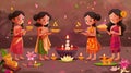 set of Buddha Purnima cartoon characters and design elements such as Girls make offerings of candles, flowers and