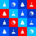 Set Buddhist monk, Yin Yang, Stack hot stones and Tombstone with cross icon. Vector