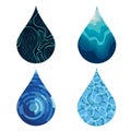 Set of bue bright different water drop icons.