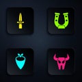 Set Buffalo skull, Dagger, Cowboy bandana and Horseshoe. Black square button. Vector