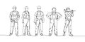 Set of builder in working uniform, protective overalls, hard hat, safety, instruments one line art. Continuous line