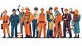 Set of builders, technicians, engineers and industrial workers cartoon people characters in uniform isolated line art flat vector