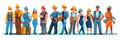 Set of builders, technicians, engineers and industrial workers cartoon people characters in uniform isolated line art flat vector