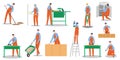 Set of builders workers people characters isolated flat vector illustration, foreman building, welding, carrying ladder