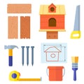 Set of building materials and tools for building birdhouse with handmade