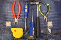 Set of building tool kit screwdriver, hammer, L-shaped wrench and pliers on a blue background Royalty Free Stock Photo