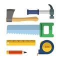 Set building tools repair, construction buildings hammer, ax, saw, tape measure, ruler and pencil. Vector illustration. Royalty Free Stock Photo