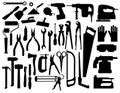 Set of building tools silouettes. Collection of appliances and power tools for builders. Black-white vector illustration