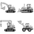 Set of building transportation. Excavator, crawler excavator, bulldozer, crane. Vector illustration. Color grey.