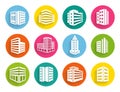 Set of buildings icons on colorful web buttons