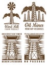 Set of buildings and towers, oil derrick, beach lifeguard tower, wind mill in retro style vintage label