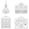 A set of buildings of the wild west. Line art. Children`s coloring. Vector illustration