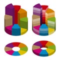 Set of bulk isometric pie charts different heights and color gradation. Templates realistic three-dimensional pie charts