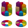 Set of bulk isometric pie charts different heights with hard stroke. Templates realistic three-dimensional pie charts